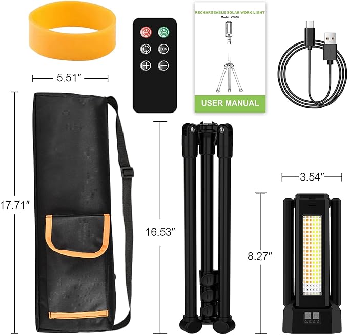 13200mAh Rechargeable Solar Work Light with Folding Stand and Carrying Bag, AODOO 8000 Lumen Cordless Camping Light, White/Warm/Nature White/RED(SOS) with Detachable Tripod