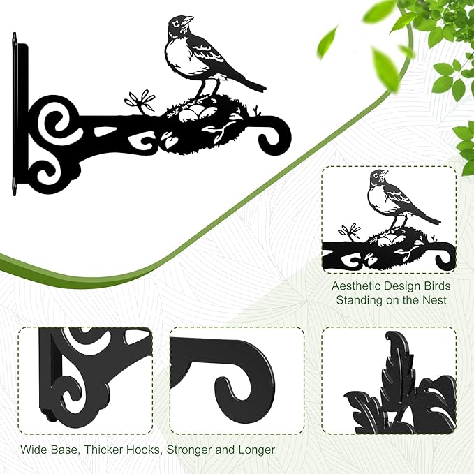 4-Pack Aesthetic Wall Plant Hanger Indoor and Outdoor ??10 Inch Metal Hanging Plant Bracket with Beautiful Bird Pattern ??Heavy Duty Plant Hooks for Hanging Plants, Bird Feeder, Wind Chime, Lantern