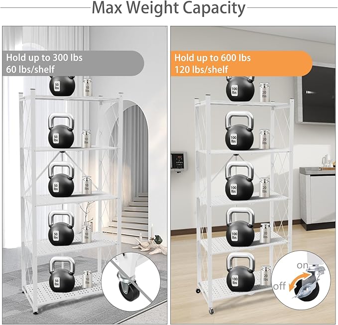 5 Tier Folding Shelf with Wheels,Metal Steel Collapsible Shelves,No Assembly Portable Shelves Organizer Rack,Rolling Standing Utility Rack for Kitchen, Pantry, Office, White