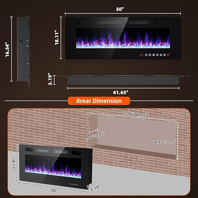 BREEZEHEAT 50 Inch Ultra Thin Electric Fireplace-Freestanding or Recessed Wall Mounted Fireplace Heater, Remote Control, Touch Screen, 750W/1500W, 8H Timer for Living Room, Bedroom, Office