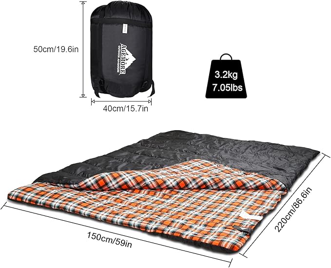AGEMORE Cotton Flannel Double Sleeping Bag for Camping, Backpacking Or Hiking. Queen Size 2 Person Waterproof Sleeping Bag for Adults Or Teens. Lightweight with Compression Sack