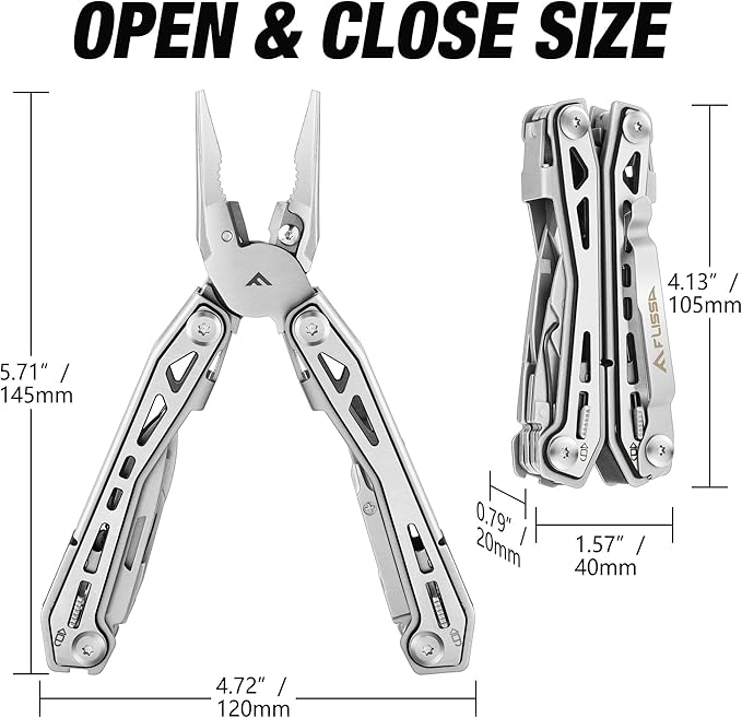 FLISSA 16-in-1 Stainless Steel Multi Tool, Gift for Dad, EDC Multitool with Pocket Knife, Pliers, Belt Clip and Oxford Sheath, Self-locking Utility Multi-Tool for Camping Survival Outdoor