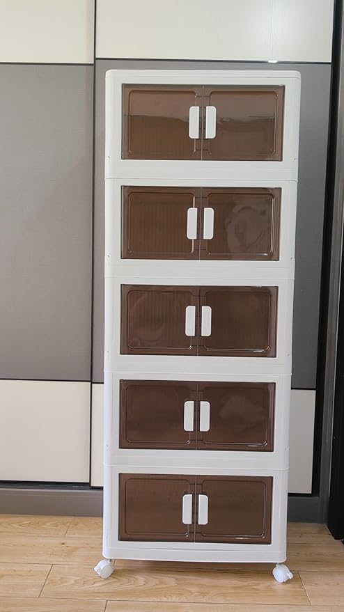 80 Gals Storage Bins with Lids - Folding Storage Box with Doors and Wheels, Collapsible Plastic Bins for Closets, Stackable Storage Organizer, (Extra Large-5Tiers)