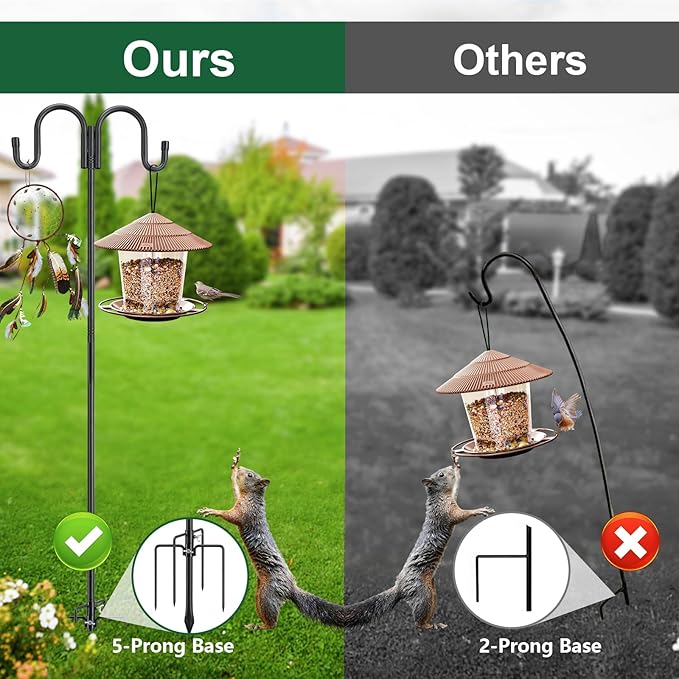 Black Double Shepherds Hook - 52 Inch Adjustable Bird Feeder Pole with 5 Prongs Base - Heavy Duty Rustproof Shepards Hooks for Outdoor Hummingbird Feeder Stand, Solar Lights, Lanterns, Flower Basket