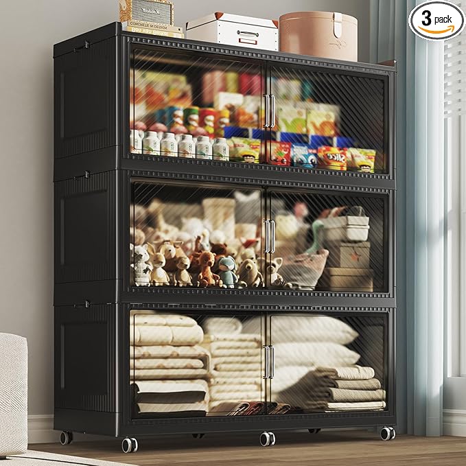 150GAL Extra Large Stackable Storage Bins with Lid, 600QT Plastic Closet Organizer and Storage Cabinet with Wheels and Doors, Folding Storage Box Container for Home Organization, 3Pack Black