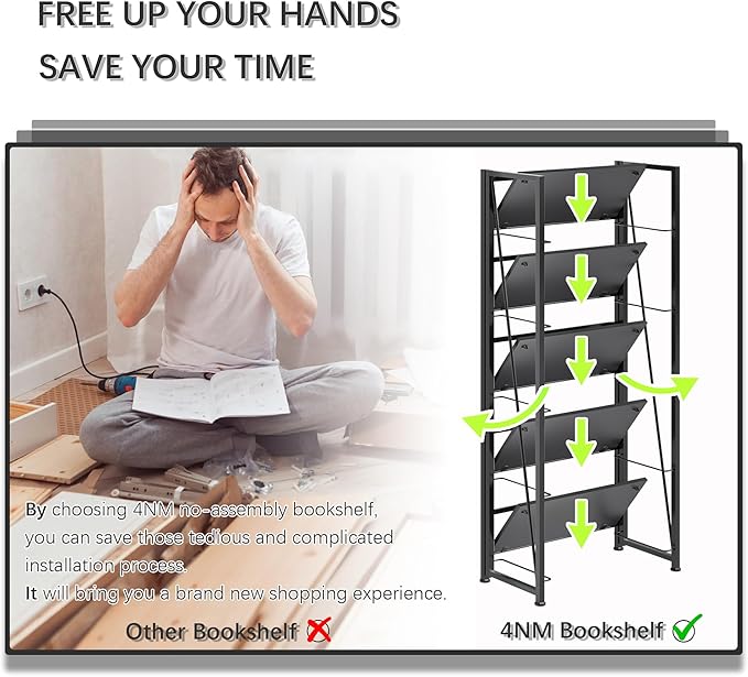 4NM No Assembly Folding Bookshelf, 5-Shelf 62.2" H Collapsible Foldable Bookcase Storage for Small Spaces, All Black