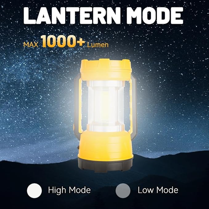 LED Camping Lantern Rechargeable, Spotlight Flashlight with Solar Panel, Bright 1000 Lumen, 5 Modes, 20H Long Lasting 4000 mAh , Rechargeable Lantern for Hurricane, Emergency, Power Outages - Yellow