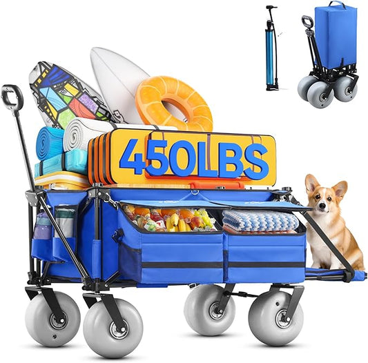 Beach Wagon with Big Wheels for Sand,260L Extra Large Beach Cart with 9" All-Terrain Balloon Wheels, Heavy Duty Folding Wagon, Adjustable Handle,450lb Capacity for Outdoors & Fishing