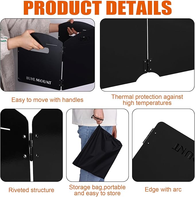 Black Camping Stove Windscreen 4 Plates Steel Camp Stove Windscreen Folding Outdoor Picnic Cooker Stove Wind Screen Windshield with Drawstring Bag for Camping, Hiking, Picnic, Backpacking, Cooking
