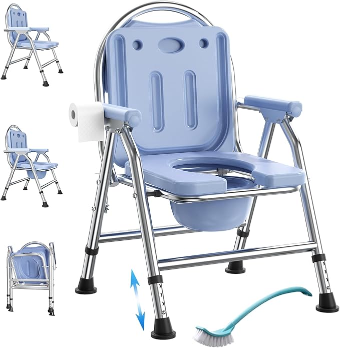4 in 1 Folding Bedside Commode Chair for Elderly with Arms and Back,Adjustable Height Raised Toilet Seat with Handles,Adults Potty Chair for Seniors,Disabled,Holds Up to 350 lbs (ABS Plastic Seat)