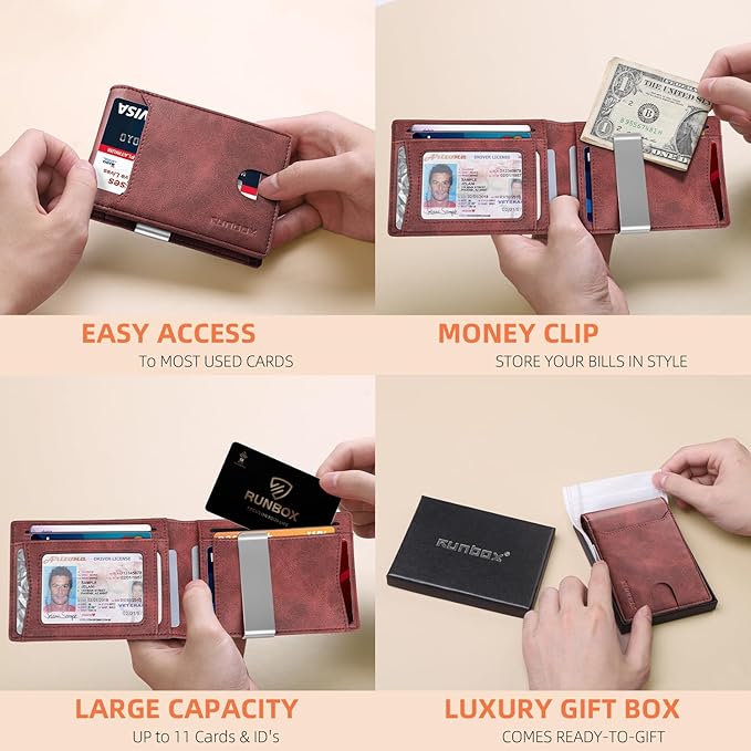 RUNBOX Slim Wallets for Men - Leather Money Clip Mens Wallet - RFID Blocking Front Pocket Bifold Wallet - Thin Credit Card Holder with Gift Box