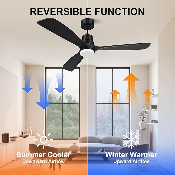 Obabala 52IN Ceiling Fan with Light and Remote Control Indoor Outdoor Ceiling Fan with 3 Blades Wood Reversible Function for Patio, Porch, Bedroom, Living Room (Black)