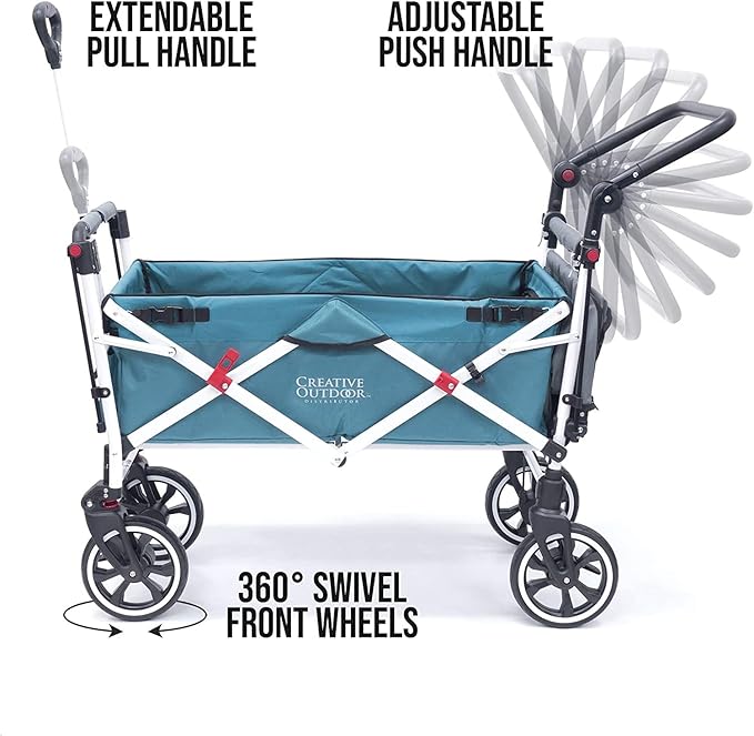Creative Outdoor Wagon for Kids Push Pull Collapsible Stroller with Canopy Folding Cart | Titanium Series Plus | Beach, Park, Garden (Solid Teal)