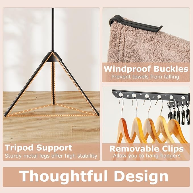 Giantex Tripod Clothes Drying Rack, 3-Tier Freestanding Folding Laundry Drying Rack w/24 Clips & 32 Rods, 70" Space Saving Towel Drying Stand w/360° Rotatable Arms for Laundry Room, Balcony, Black