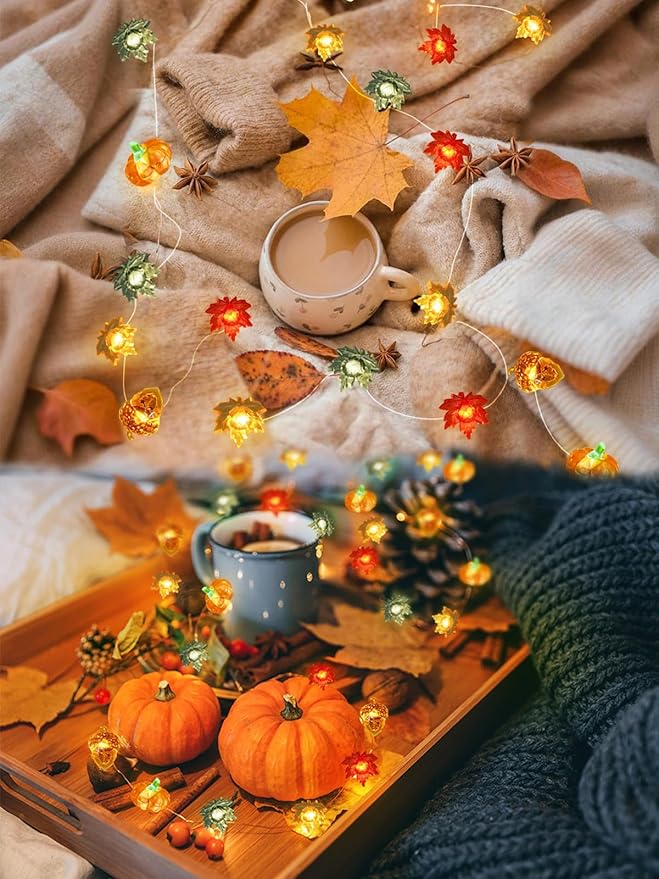 Fall Decorations 3D Pumpkin Acorn Maple Leaf Fairy Lights Battery Operated with Remote, 10FT 30 LED String Lights Outdoor & Indoor, Waterproof 8 Modes for Garland Harvest Thanksgiving Halloween Decor