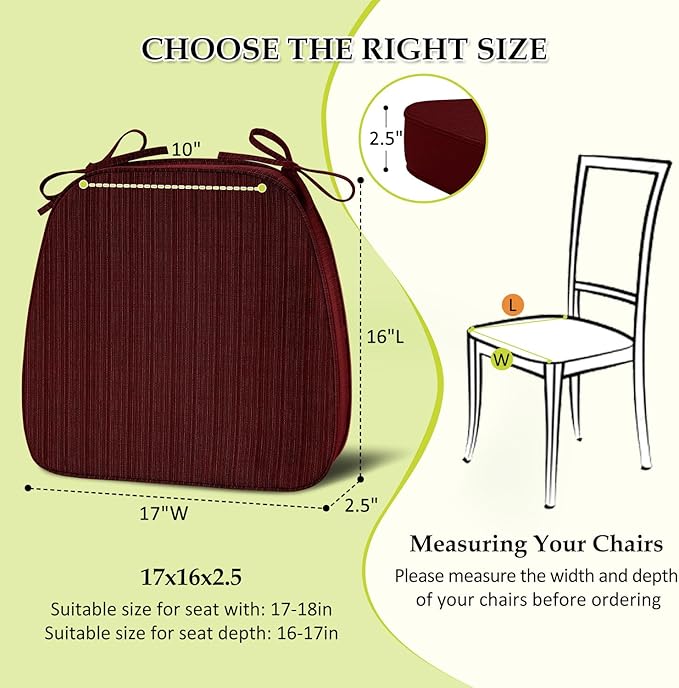 Chair Cushions for Dining Chairs, Indoor Chair Cushions with Ties，Waterproof Chair Pads Set of 4, Burgundy, 17x16x2.5 Inch