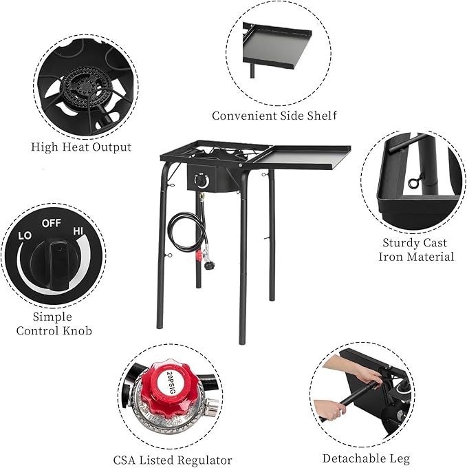 Bonnlo Single Burner Gas Stove Propane Stove, 100,000 BTU High Power Portable Outdoor Camp Cooker Stove with 20 PSI Regulator, Adjustable Height & Side Shelf for Backyard, Camping, Tailgating