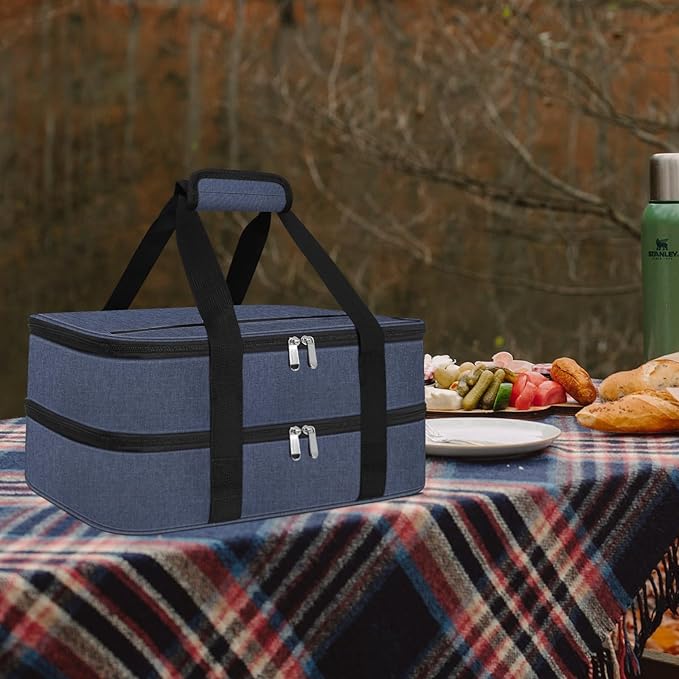 esouler Double Insulated Casserole Carrier Bag Hot & Cold Food Carrier Bag Lasagna Holder Lunch Bag for Picnics, Parties, Travel, Fits 9 x 13 Inches Casserole Dish-Blue