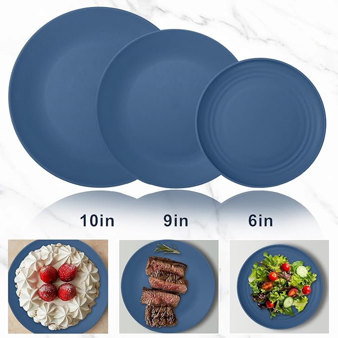 40Pack plates and bowls sets for kids - Unbreakable wheat straw dinnerware sets service for 8 - Alternative plastic 40pcs dishes for kitchen, camping and indoors dinning - (Blue)