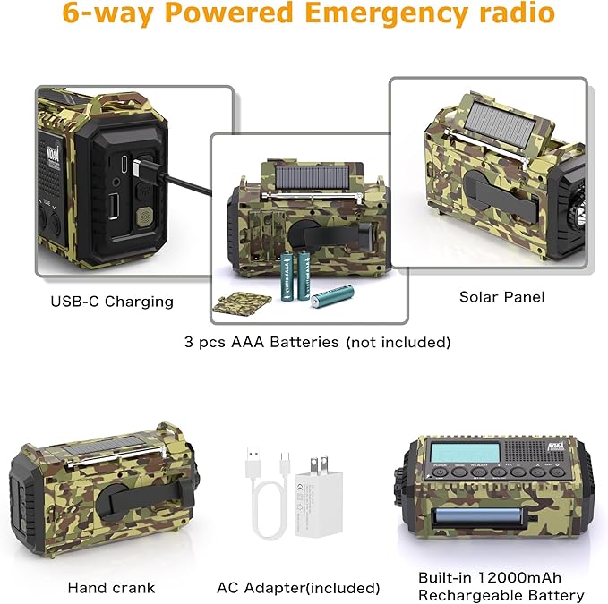 12000mAh/44400mWh Weather Radio, Hand Crank Emergency Radio Portable AM FM Shortwave, Solar Rechargeable Battery Powered Radio with NOAA Alert, USB-C Charger & Adapter, SOS Flashlight for Emergency