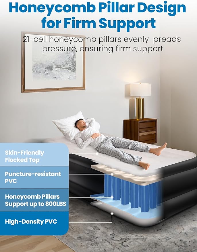 Twin XL Air Mattress with Built-in Pump, 18" Raised Comfort, 80“ Length, 48Hr Leak-Proof Test, Upgraded Honeycomb Pillar Design, Supports 500 lbs, 2-Min Inflation for Home, Guests & Camping