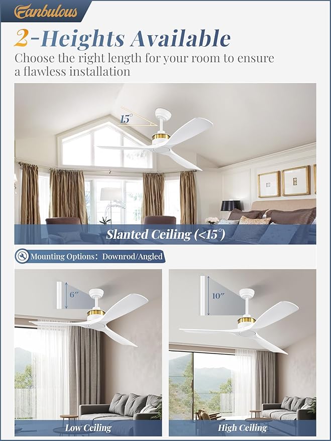 52" Ceiling Fans without Lights, Flush Mount Ceiling Fan with Remote Control,Modern Outdoor Ceiling Fans with 2 Downrods 6-Speeds Reversible DC Motor for Patio Bedroom Living Room