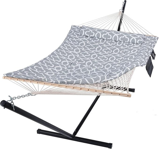 SUNCREAT Outdoor Double Hammock with Stand, Two Person Cotton Rope Hammock with Polyester Pad, Circle Pattern