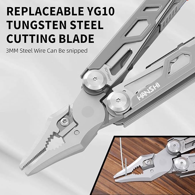 HANSHI Multitool Pliers, 22-in-1 YG10 Tungsten Steel Multi Tool with Scissors,Replaceable Wire Cutters, Flint, Window Breaker, Back Clip,Ideal for Camping, Survival and Gift (Sliver)