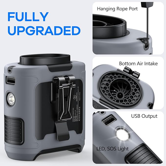 AI Portable Waist Clip Fan, Upgraded 10000mAh Rechargeable Battery Wearable Belt Personal Fan, 16000RPM Powerful 5 Speeds Shirt with Flashlight Neck Hands-Free 40H Cooling (Gray)