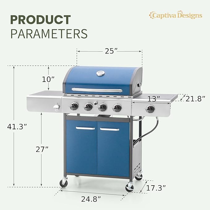 Captiva Designs 4-Burner Propane Gas BBQ Grill with Side Burner & Porcelain-Enameled Cast Iron Grates, 42,000 BTU Output Barbeque Grill for Outdoor Cooking Kitchen and Patio Backyard Barbecue, Blue