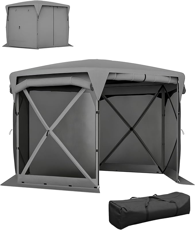 Outsunny Pop Up Gazebo Screen Tent House, 11 x 11ft with UPF30+ Removable Roof Cover, 4 Roll-up Wind Panels and Carry Bag for Camping, Patio, Backyard, Lawn, Dark Gray