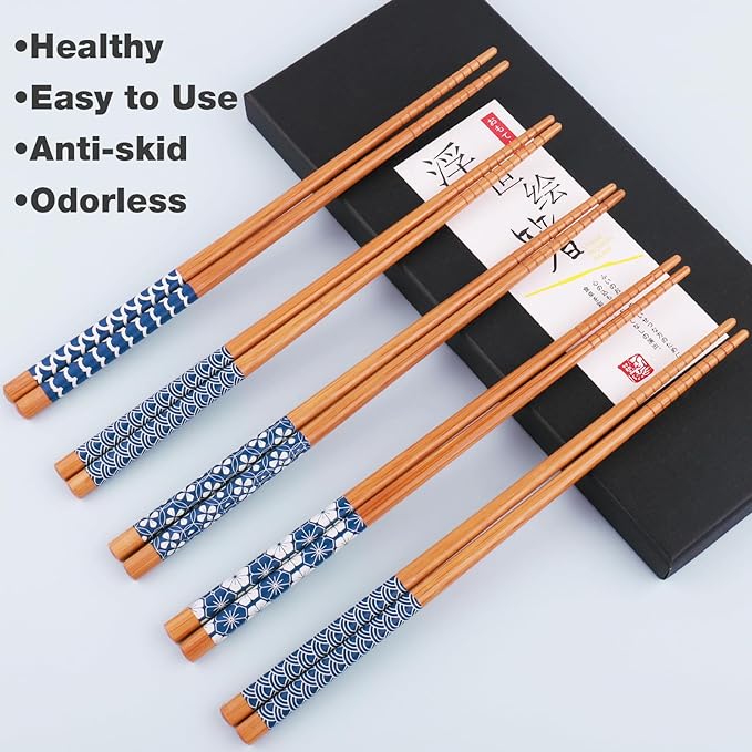 GLAMFIELDS Bamboo Chopsticks Reusable Japanese Style Lightweight 5 Pairs Ramen Chop Sticks Case Gift Set