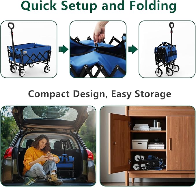 Folding Wagon Cart with Wheels and Tailgate, 330 lbs 120 l Capacity, Adjustable Handle, Portable Collapsible Utility Wagon Cart for Groceries, Outdoor Camping, Shopping, Garden (Blue)