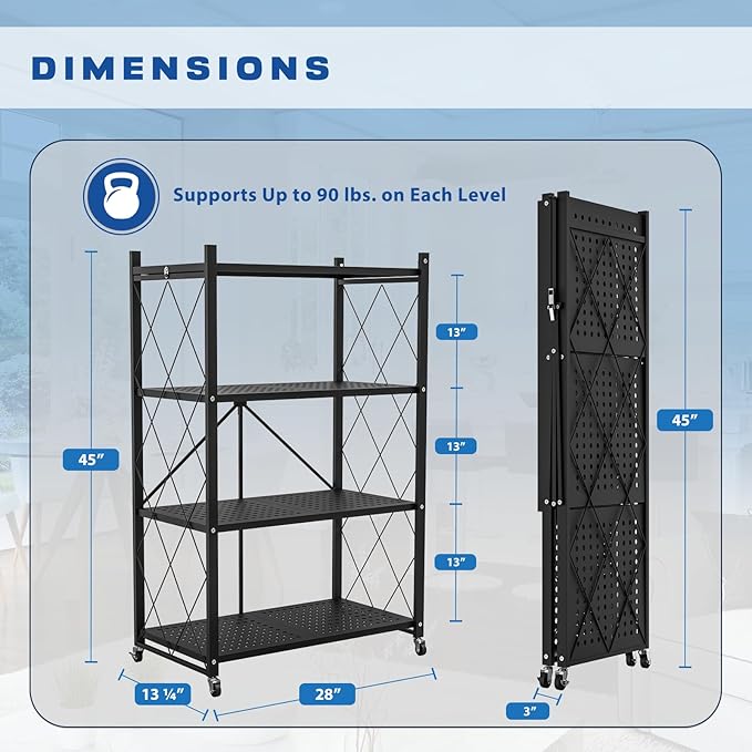 3-Tier Foldable Storage Shelf with Wheels - Metal Rack Collapsible Shelving Unit Display, Rolling Cart for Books Kitchen Storage Shelves, Pantry & Closet Organizer, Office Room Decor