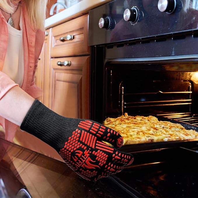 BBQ Gloves, Oven Gloves, Extreme Heat Resistant Barbecue Gloves, Silicone Non-Slip Oven Mitts, Kitchen for Cooking, Grilling, and Baking (Red)