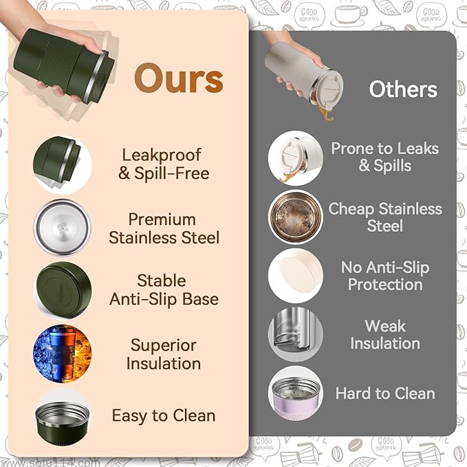 12OZ Travel Coffee Mug Insulated Coffee Cup with Spill Leak Proof Lid, Portable Stainless Steel Tumbler Reusable Hot and Cold Water Mug for Car, Daily, Camping- Military Green