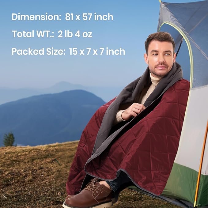 4-in-1 Large Outdoor Blanket - Waterproof & Windproof Thickened Warm Fleece Camping Blanket for Stadium, Hiking, Sporting Events - 81"x57", Packable (Antique Ruby)