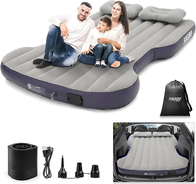 Self-Inflating Car Air Mattress for Tesla Model Y 2025 2024-2020/Model Y Juniper Outdoor Camping Air Bed with 2 Pillows Built-in Pump Air Couch Mat Flocking Air Cushion Model Y Accessories(Beige&Blue)