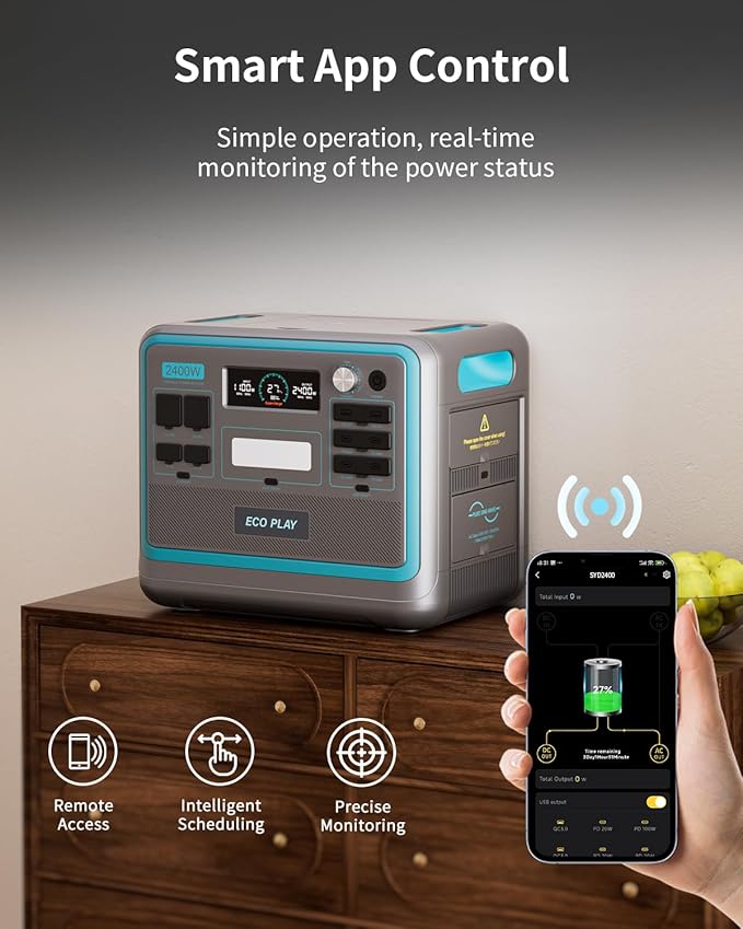 Eco Play SYD2400 Portable Power Station with Trolley, 2048Wh LiFePO4 Battery Backup, 2400W Solar Genarator with 500W Solar Input, Adjustable Input Power for Camping, Power Outages