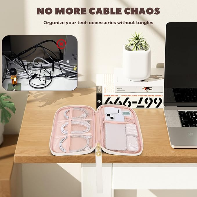 Electronics Organizer Travel Case, Charger Bag Cord Organizer Travel, Compact Tech Pouch Cable Organizer Bag for Charger, Cords, Phone, Headphones, Flash Drive, SD Card (Beige, Small-Single Layer)