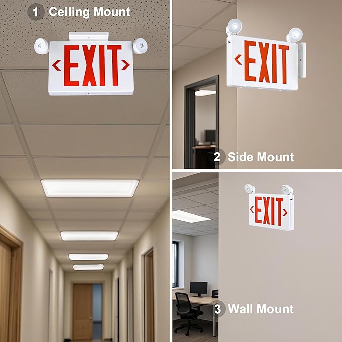 Gruenlich Exit Signs with Emergency Lights, 2 Adjustable LED Head with Battery Backup, 94V-0 Fire Resistant, AC 120/277V, Hardwired Commercial Emergency Light Combo for Business, 1 Pack