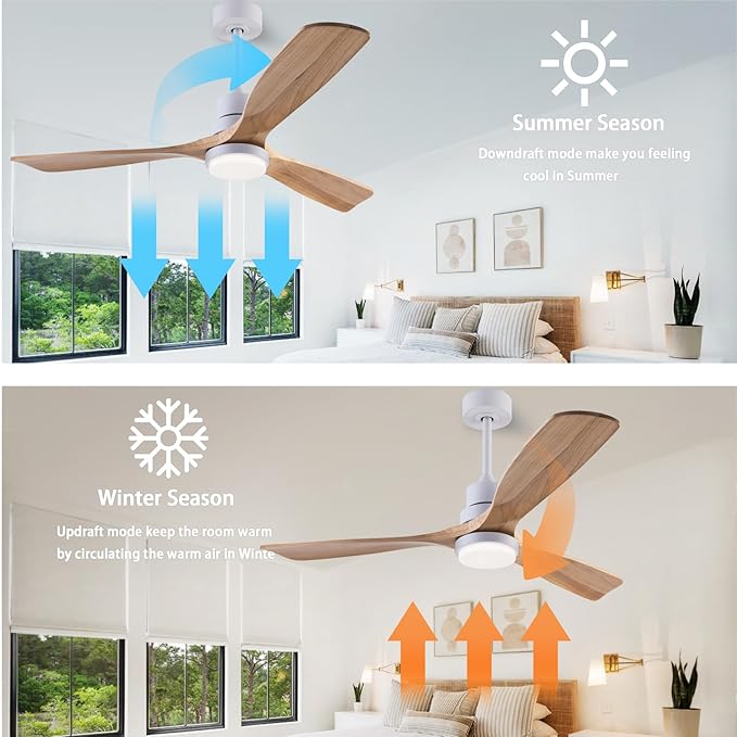 48" Wooden Ceiling Fan with Lighted Remote Control, Indoor/Outdoor Modern Fan with 3 Blades for Patio, Living Room, Farmhouse, etc (White + Wood Color)