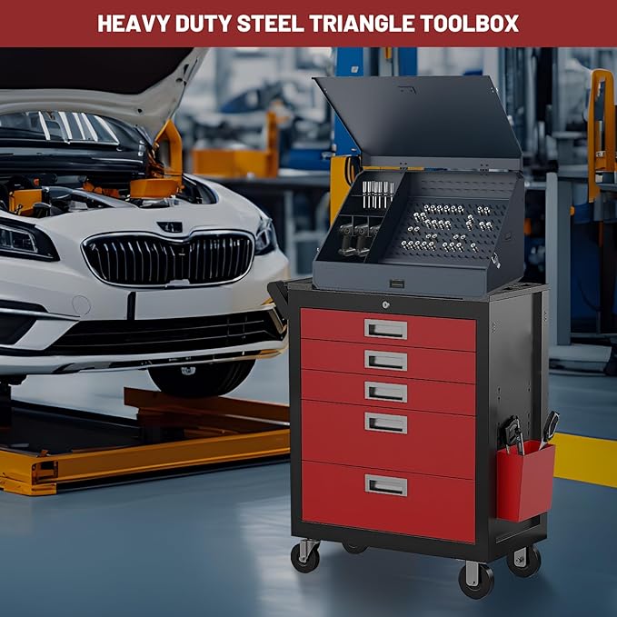 Portable Weather-Resistant Triangle Steel Toolbox with Lock, 16-Gauge Multi-Tier SAE & Metric Chest, Pull-Out Drawer for Truck, 36.8"W x 17.5"D x 21.6"H