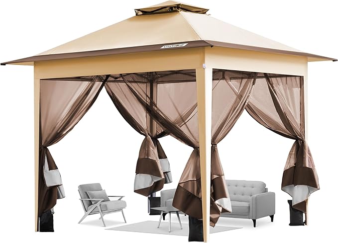 VIVOHOME Pop Up Gazebo 10x10ft Outdoor Canopy Tent with Mosquito Netting & 2 Tiers Roof for Patio Garden Backyard, Beige