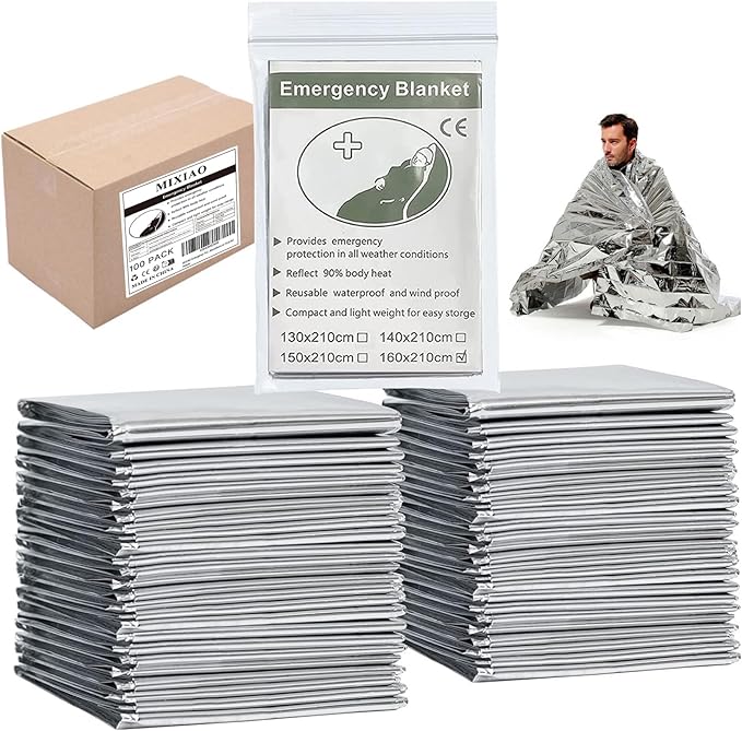 Emergency Foil Thermal Blanket (Pack of 100), 210 x 160 cm (82" x 63") Emergency shelter Survival Reflective Blankets Perfect for Outdoors, Hiking, Survival, Marathons or First Aid