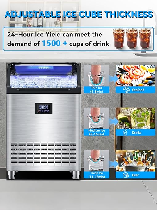 Commercial Ice Maker Machine, 300 Lbs/24H with 115 Lbs Storage Bin, Stainless Steel Freestanding/Under Counter Large Ice Maker with Self-Cleaning for Home, Restaurant, Bar, Cafe