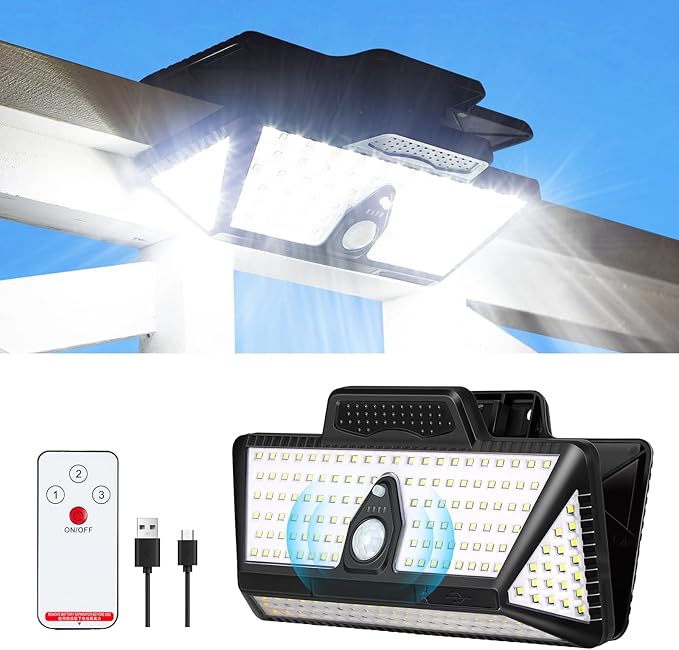 208Leds Solar Lights Outdoor,Clip on Motion Sensor Outdoor Lights,6000K,1000LM High Bright Solar Powered Flood Light with 3 Mounting Ways for Bakcyard Fence Garage Camping