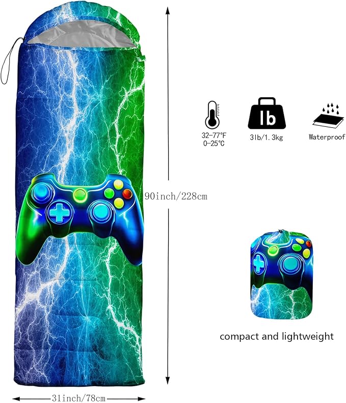 Axolotl Blue Gamepad Sleeping Bag,Waterproof Lightweight Gaming Sleeping Bag Game Console Camping Bag for Boys Teens,Warm and Cool Weather Green Portable Sleeping Bag for Camping Outdoor Indoor