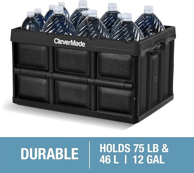 CleverMade Collapsible Storage Bins - Stone 3 Pack 46L - Stackable Containers Heavy Duty Capacity Folding Crates - Space-Saving for Home