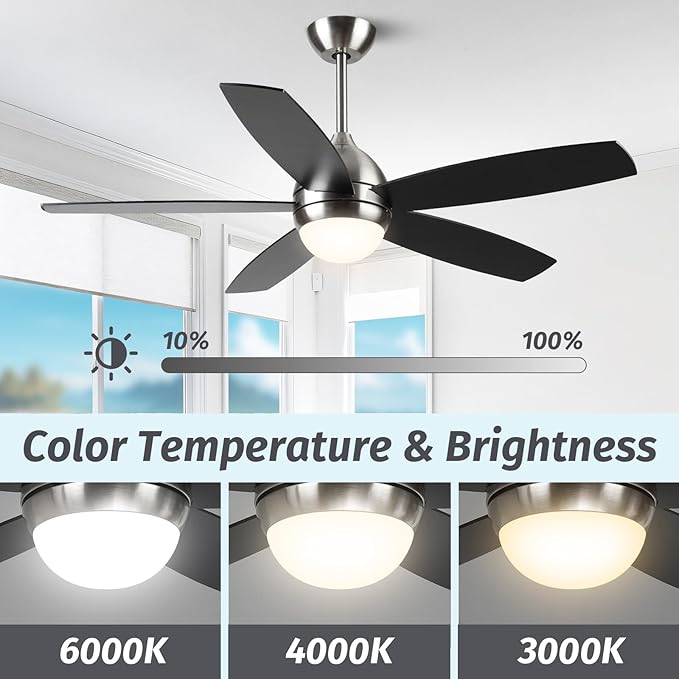 Brushed Nickel Ceiling Fan with Lights,52 Inch Ceiling Fans,6 Speeds,3 Color,Quiet DC Motor,Ceiling Fan with Remote Control for Bedroom Living Room Patio Kitchen